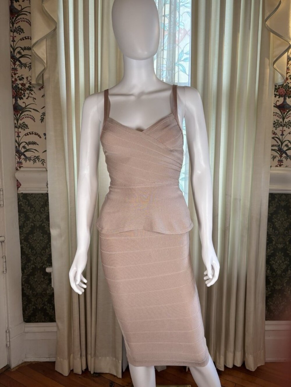 Nude Bandage Peplum Top Pencil Skirt 2 Piece Matching Set Size XS Bodycon Y2K